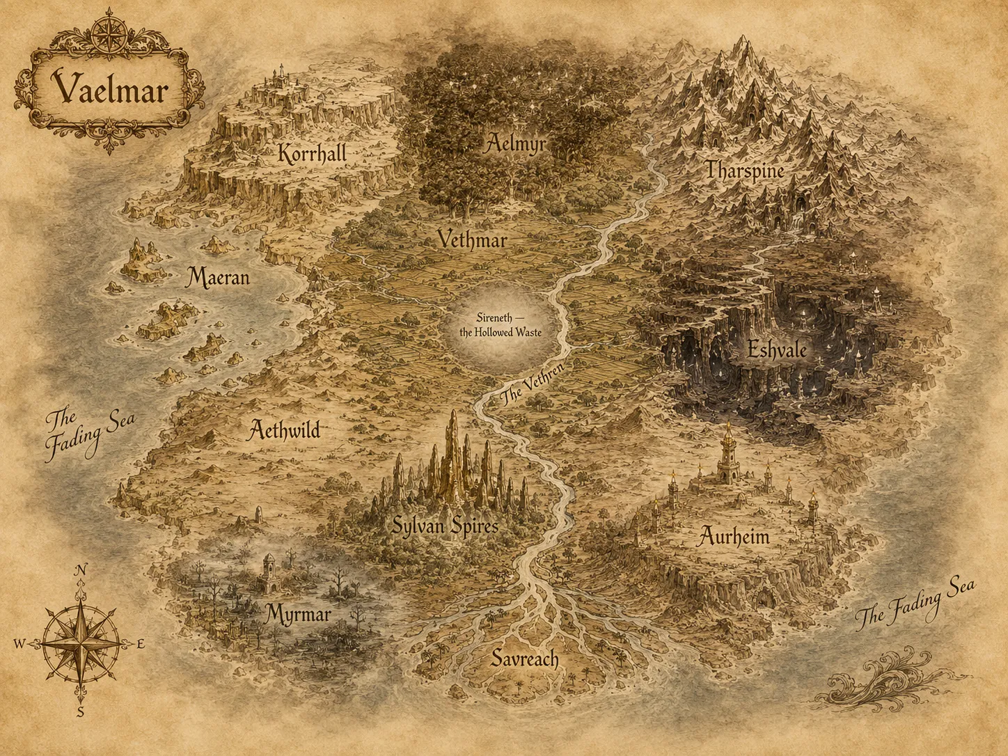 An illustrated map of Vaelmar — eleven regions ringed by a fading sea, with a grey waste at its heart.